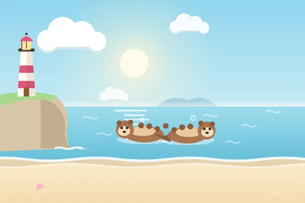 Ramune Bay: otters floating in a turquoise bay below a lighthouse.