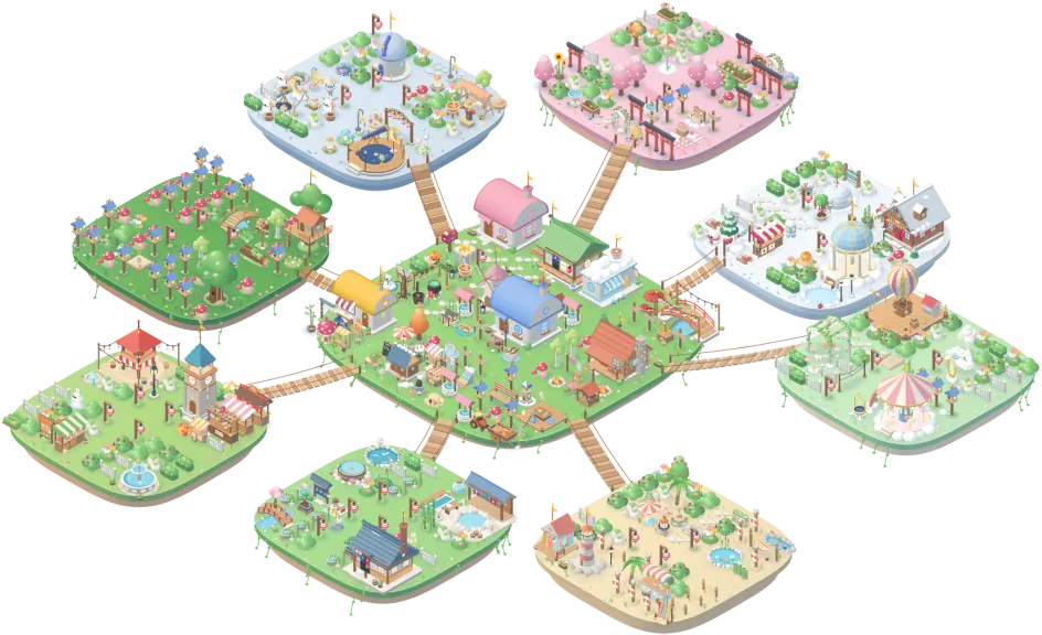 The island in time: a whole sky of islands full of houses, gardens and bridges.