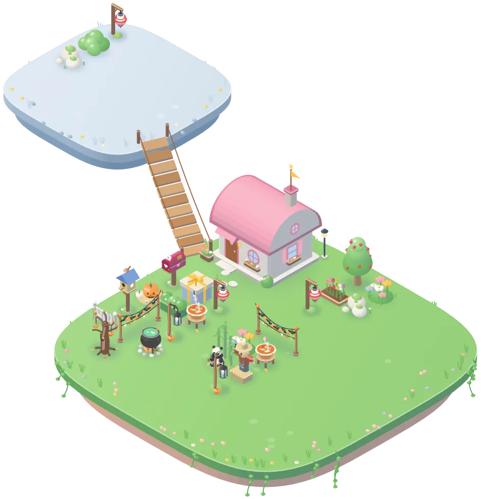 The island after a month: cottages and a moon islet.